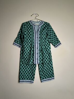 Ella Simone Size S Women's Green Printed Pajama Set with Contrast Trim - Vintage